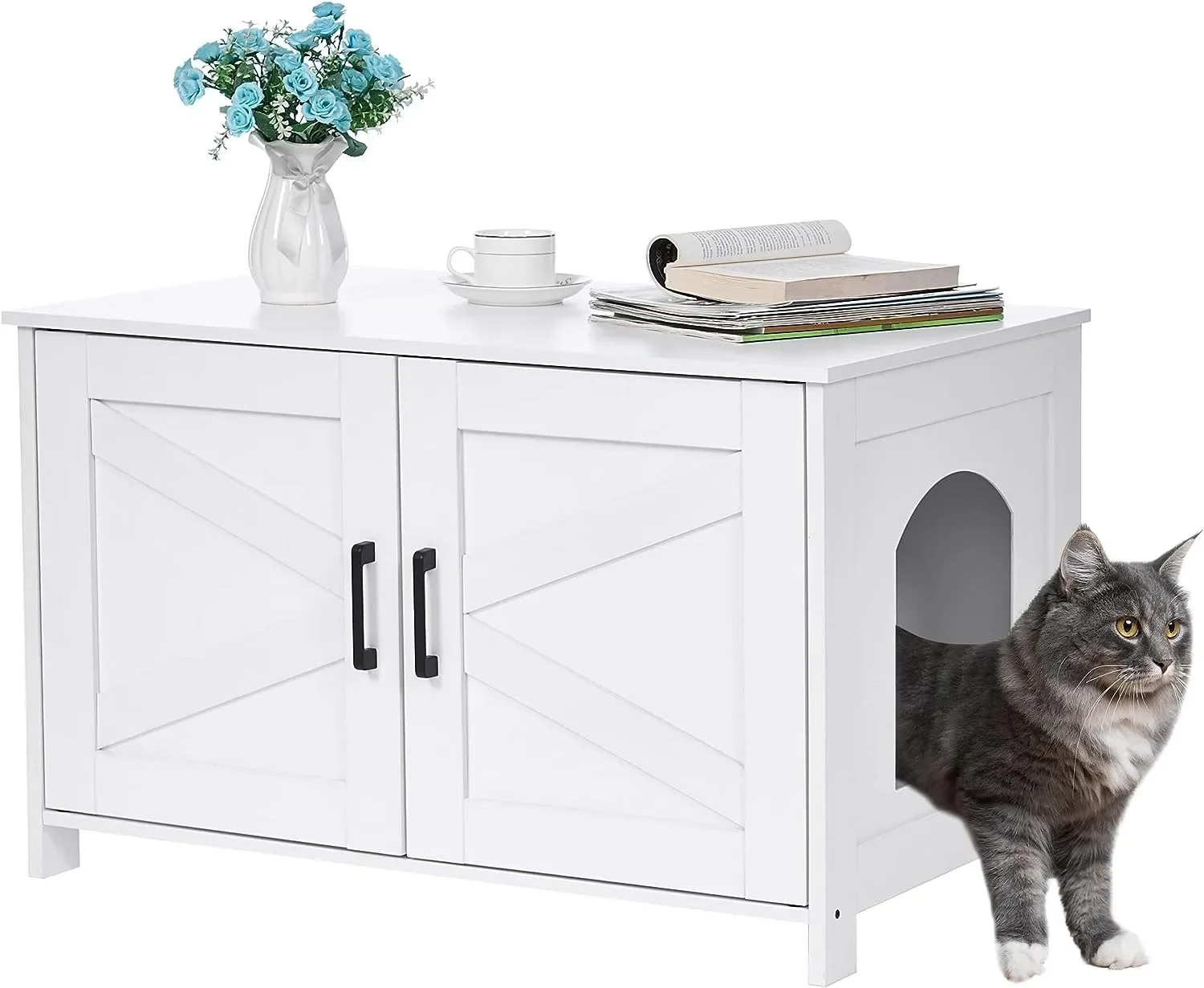 

Cat Litter Box Enclosure,Litter Box Furniture Hidden with Barn Door,Wooden Cat Washroom Furniture,Cat House,White