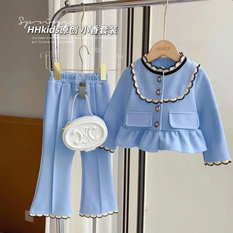 Young and Little Girls Elegant Lace Edge Coat Bell-Bottom Pants Two-Piece Set Spring and Autumn Fashion