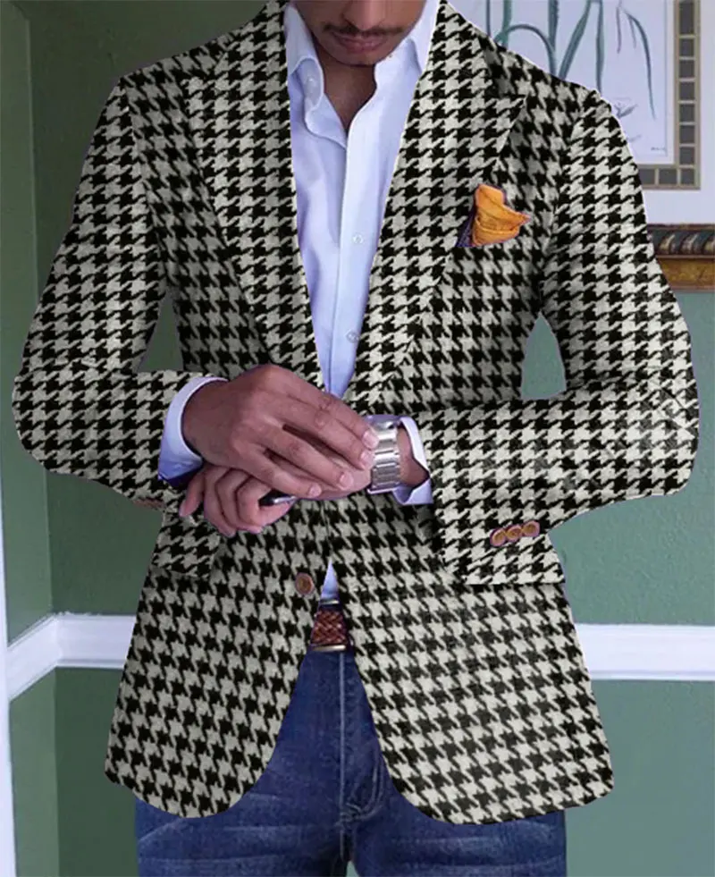 

Men's Blazer Houndstooth Pattern Pockets Single Breasted Lapel Collar Blazer Business Casual Men's Clothing