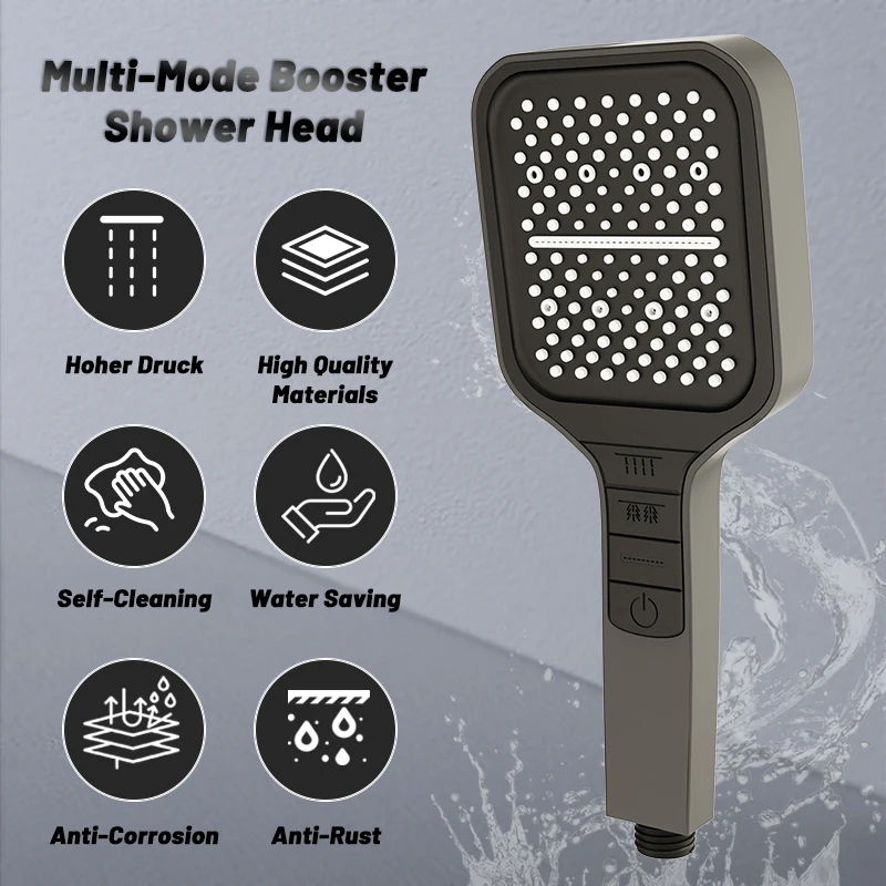 7 Modes Adjustable Rain drenching mode Shower Head Rainfall High Pressure Water Saving Large panel Button