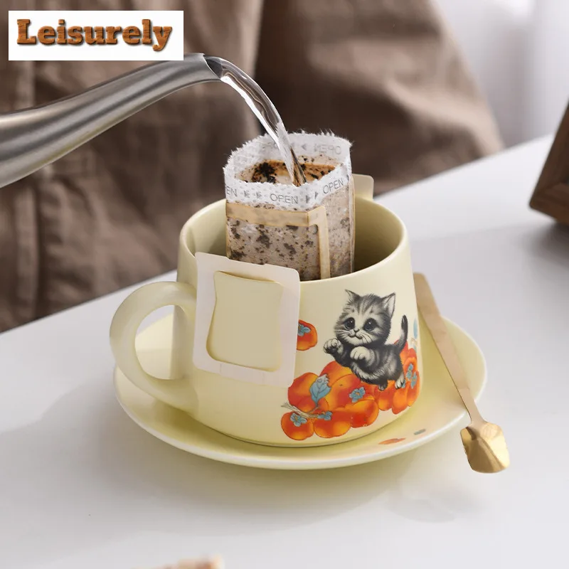 280ML Hand Drawn Persimmon Cat Coffee Mug With Plate Cappuccino Latte Cup Afternoon Tea Mug Household Cup Saucer Kit Tableware