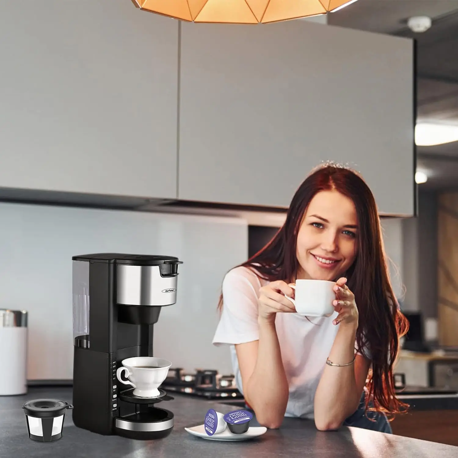 

in 1 Single Serve Coffee Maker , One Cup Coffee Maker for Capsule Pod Ground Coffee , 30oz Removable Reservoir One-Touch Button,