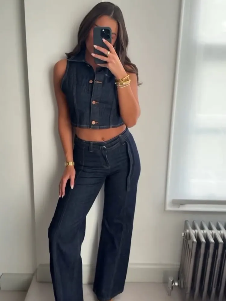 HH Women Denim Pants Sets Lapel Single Breasted Denim Vest Tops High Waist Wide Leg Trousers Fashion Y2K High Street Outfits