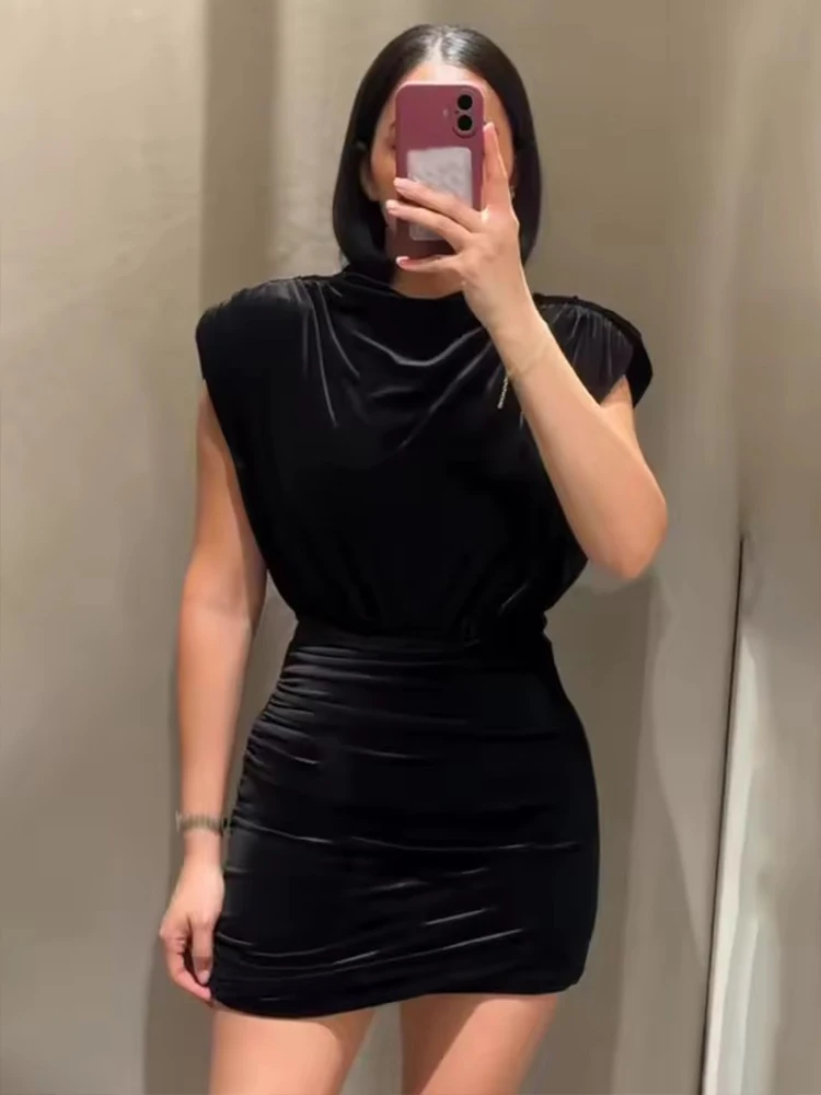 Women Velvet Shoulder Pads Short Dress O Neck Sleeveless Ruched Bodycon Mini Dresses Female Black Elegant Party Dresses
