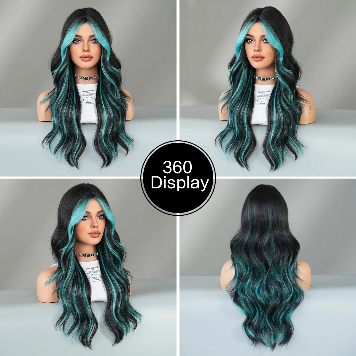 Synthetic Wig Layered Light Blue Wavy With Fluffy Bangs For Women Cosplay Highlight dyeing