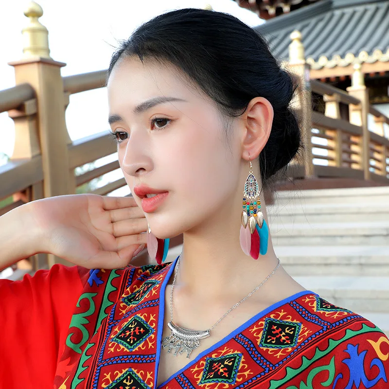 Fashion Bohemian Long Tassel Enamel Feather Clip on Earrings For Women ear clip earrings,clip earrings,ear clip,ear accessories