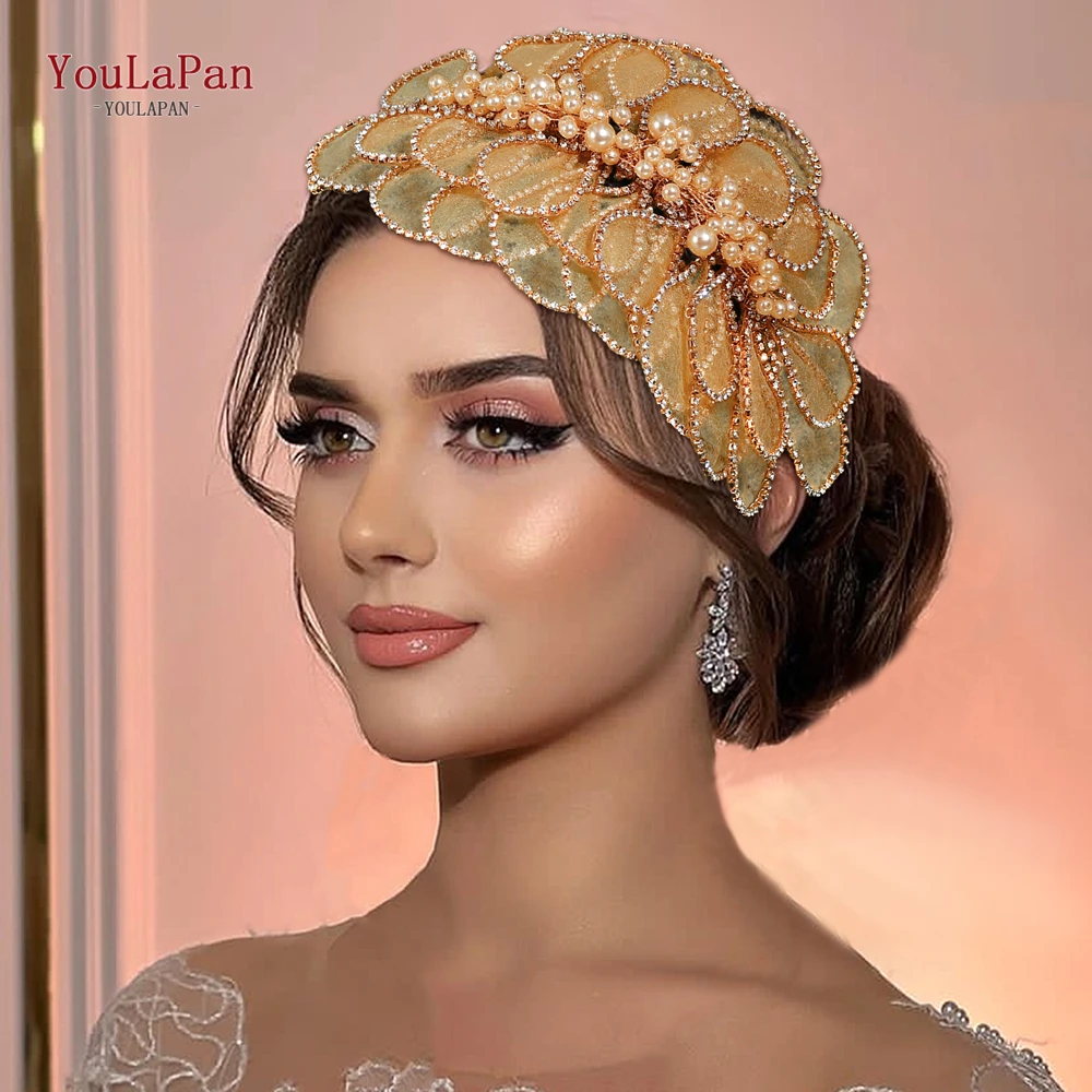 Handmade Mesh Flower Headband Women Gold Color Pearl Headwear Hair Accessories Rhinestone Wedding Headdress HP681