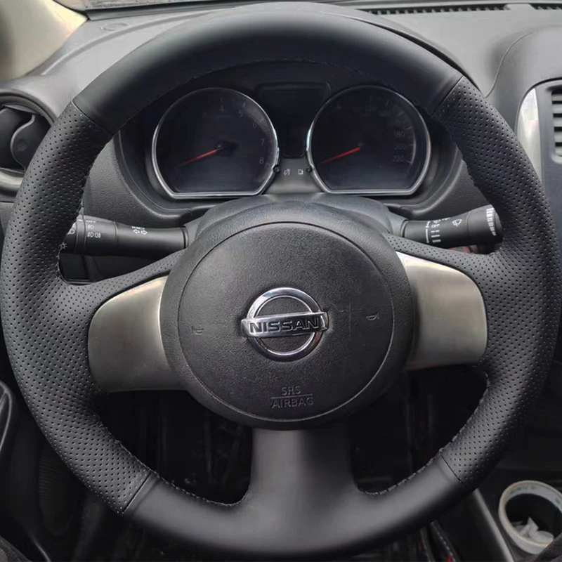Benutzerdefinierte Auto-Lenkrad-Geflecht-Abdeckung, 100 % passend für Nissan March Sunny Versa 2013 Almera, Auto-Innenzubehör, Lenkfolie