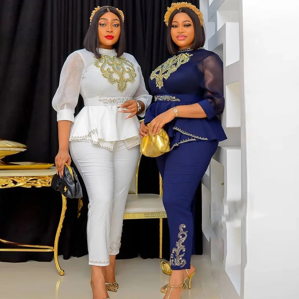 MD African Plus Size Two Piece Set For Women Dashiki Tops Pants Suit Dubai Turkey Africa Clothing Tracksuit Wedding Party Gown 2022 african men clothing traditional set dashiki shirt and ankara pants formal outfit blue suit tracksuit afripride a1916025