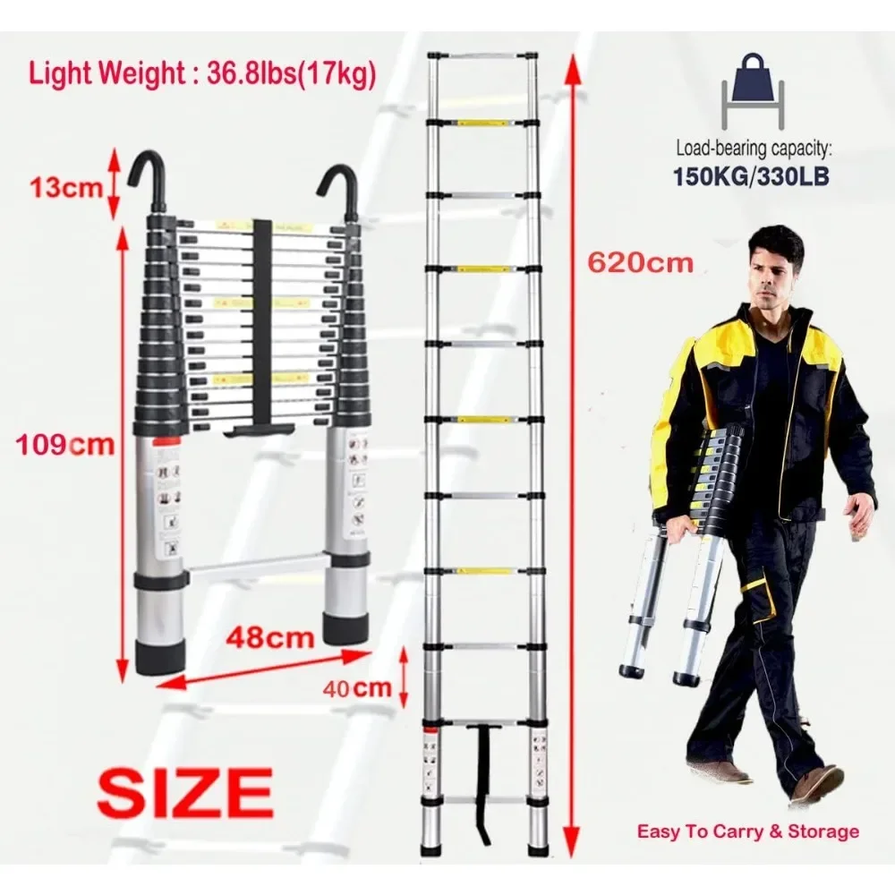 Folding Ladder 6.2M 20.3ft Aluminum Telescoping Ladder DIY Heavy Duty Extension Ladder with Roof Hook Kit Loft Folding Portable Max