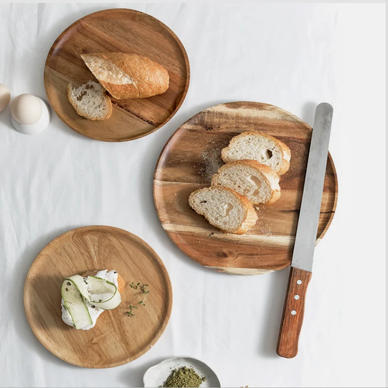 20/25/30cm Acacia Wood Serving Platter Tray Retro Round Pizza Salad Plate Fruit Dessert Tray Wooden Bread Cake Snacks Dishes 3