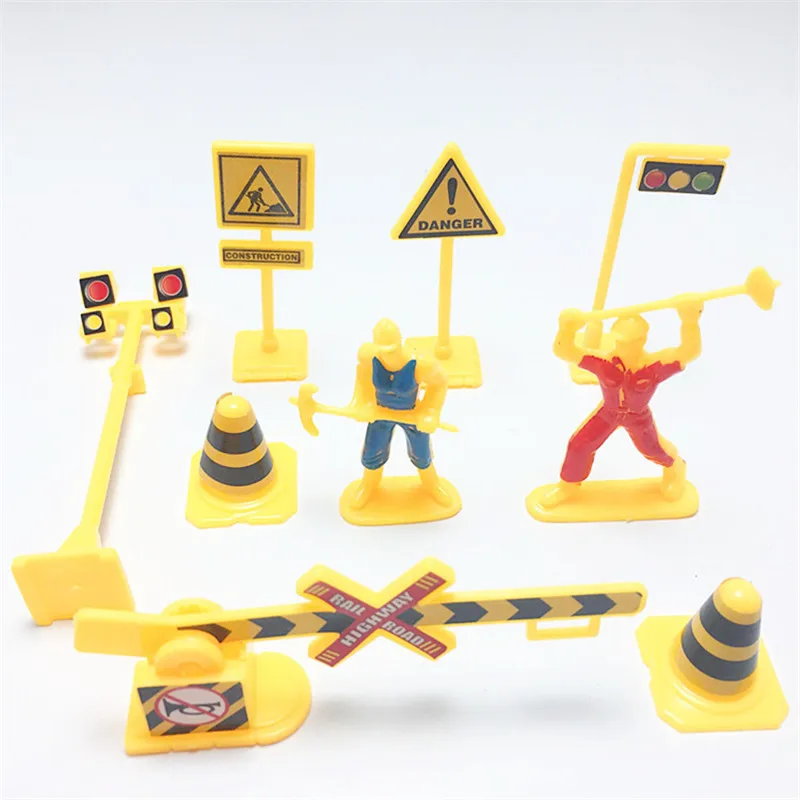 9Pcs/set Traffic Road Sign Light Lamp Block Brick City Street View Accessories Signpost Barrier Model Scene Kids Educational Toy