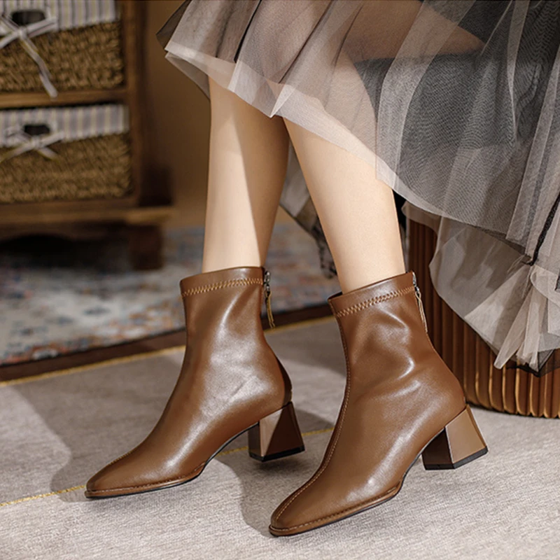 French Women Shoe Autumn Winter Classic Women Boots Temperament Ankle Boots Elegant Woman Heels Shoe Warm Fashion Ladies Boots