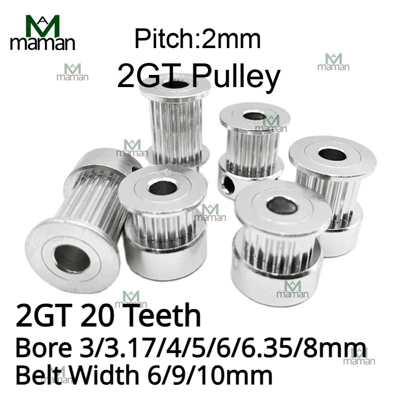 GT2 Timing Pulley 2GT 20 Teeth K-shaped Aluminum Bore 3/3.17/4/5/6/6.35/8mm Bandwidth 6/9/10mm 3D Printer Parts fixed pulley timing belt pulley belt pulley timing pulley