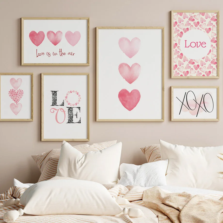 

Pastel Pink Valentine's Day Wall Art Print Canvas Painting Watercolor Hearts Nordic Poster Wall Pictures For Living Room Decor