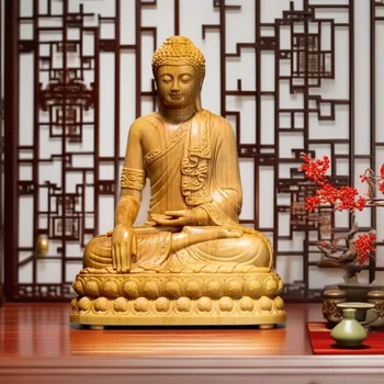 🪷 Hand-Carved Shakyamuni Buddha Statue – Solid Cypress Wood Figurine 1