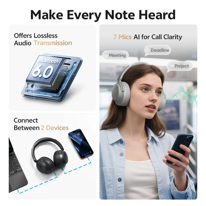 QCY H3S Wireless Headphones – -56dB Adaptive ANC, Hi-Res LDAC, Spatial Sound, Bluetooth 6.0, 102H Playtime 6