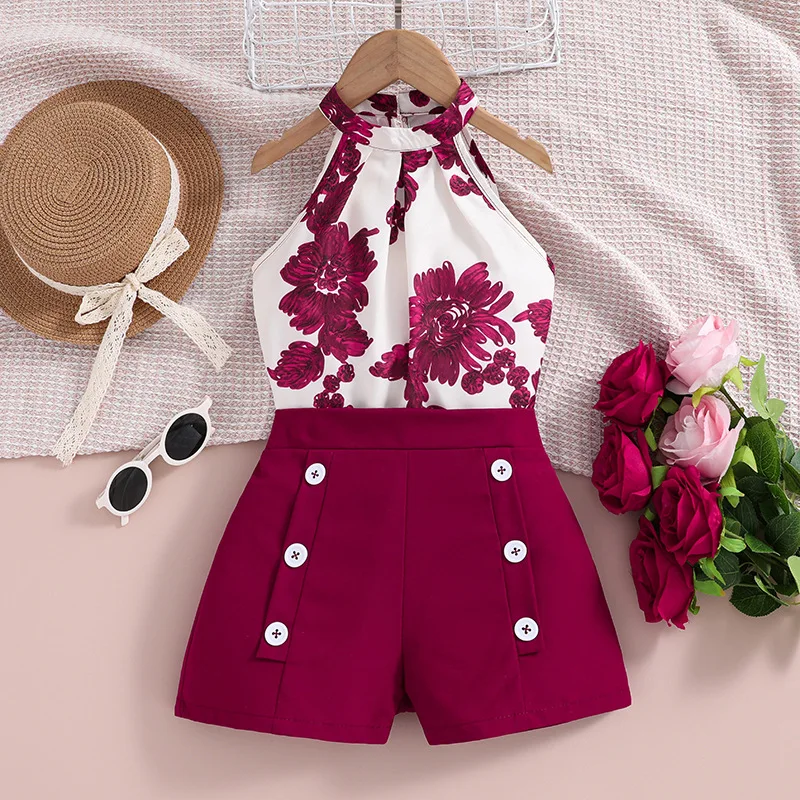 XUANMU 2pcs Toddler Girls Floral Halter Top & Button Detail Shorts Set Kids Summer Clothes X029A_viptrois.com