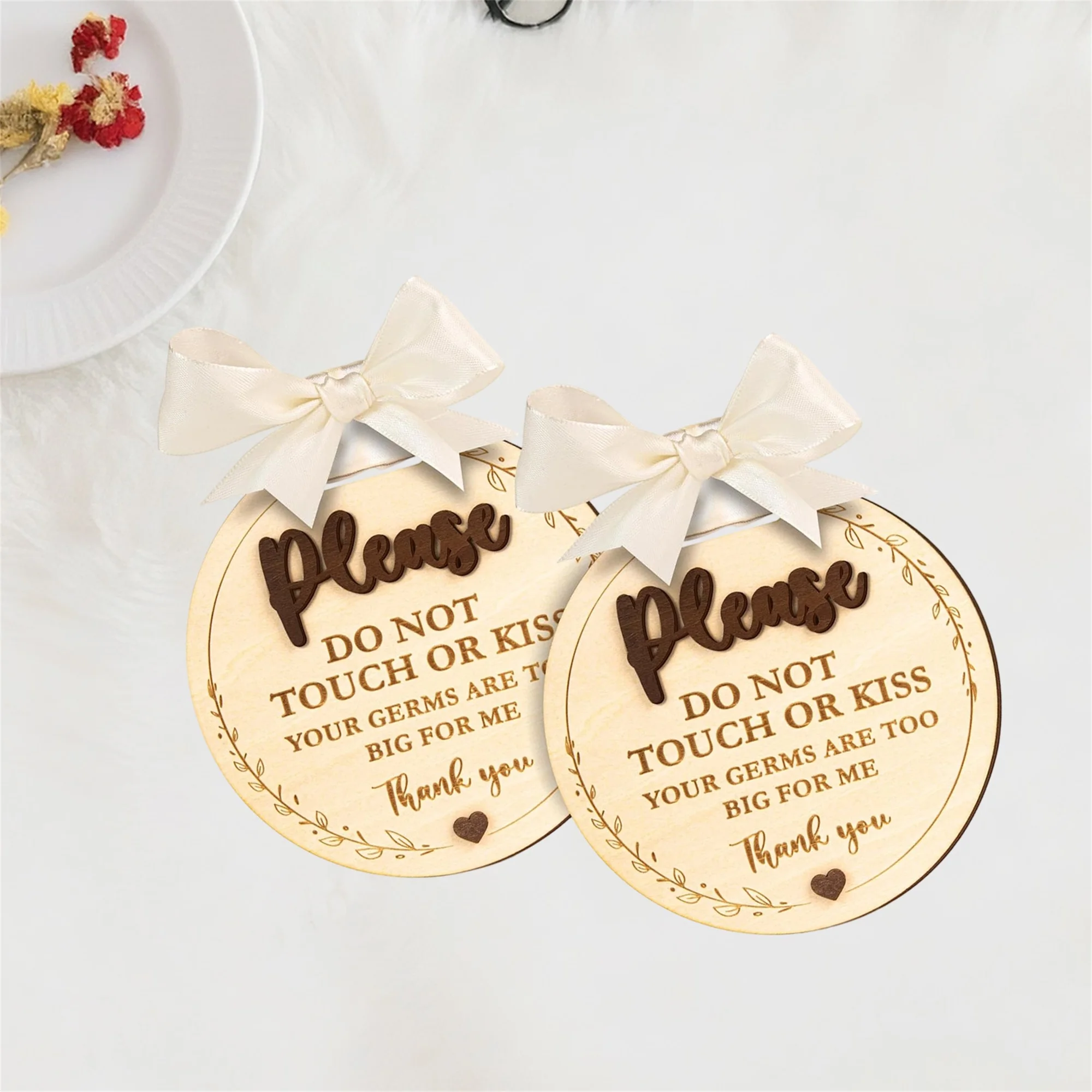 Wooden Baby Car Seat Sign with Bow and Do Not Touch or Kiss Warning for Infant Safety and Protection