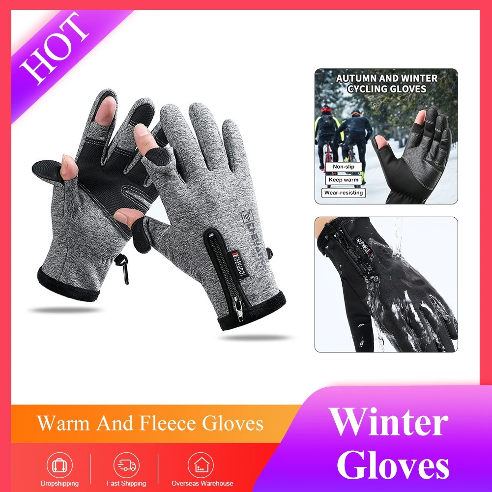 2022 1Pair Outdoor Winter Fishing Gloves Exposed Two-finger Non-Slip Screen Waterproof Non-slip Wrist Elastic Warm Fishing Glove