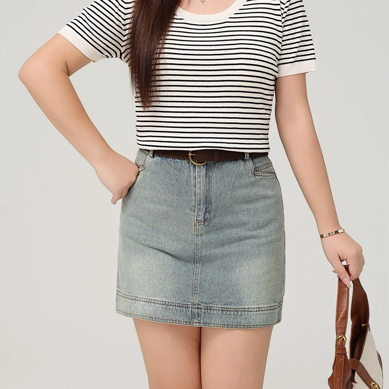 High-Waist A-Line Denim Mini Skirt Women's Plus Size Casual Skirt With Built-in Safety Shorts Spring Summer Good Quality