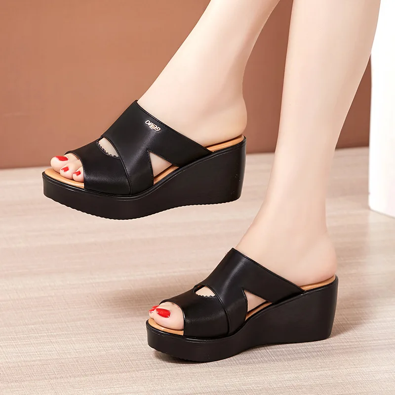 New 2023 Summer Chunky Platform Wedges Shoes Soft Leather Medium Heels  Sandals Women Floral Cutout Black Beach Sandal Mom - AliExpress