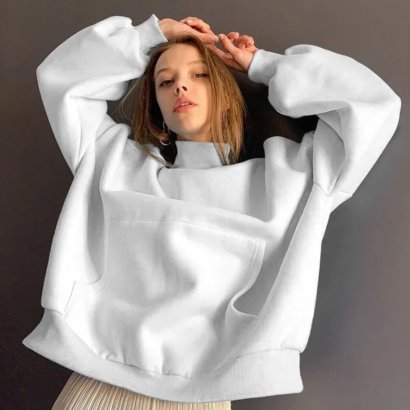 Sweet Candy Color Sweatshirt Loose High Collar Casual All-match Solid Color Top New Ladies Autumn Spring Fashion Street Clothing