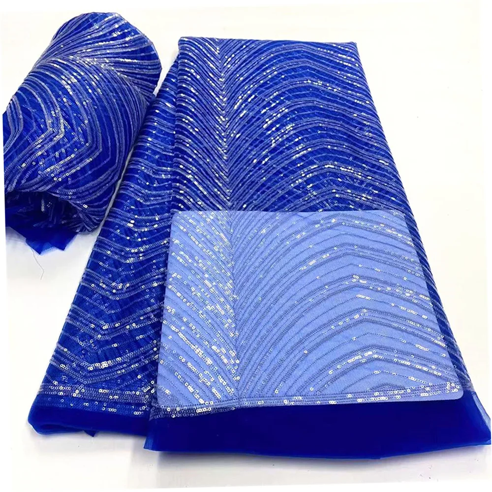 

Ulifelace French Color Sequins Navy Blue Tulle Mesh Fabric Horizontal Wavy Sequence African Net Lace For Evening Dress OR3270