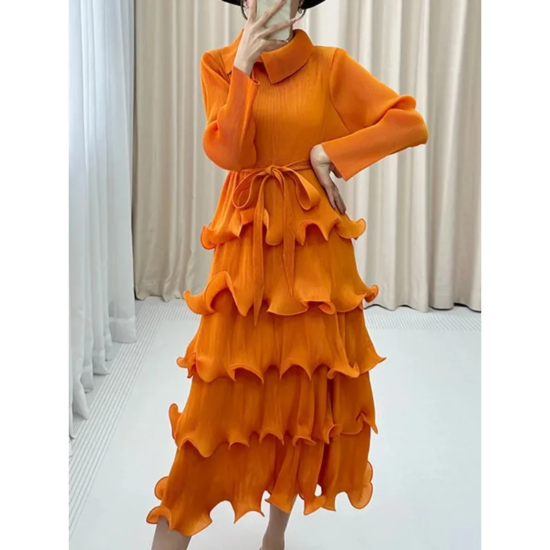 

Miyake Fashion Party Pleated Dress Women Scarf Collar Belt Fungus Spliced Design Dresses Elegant 2024 New Clothing