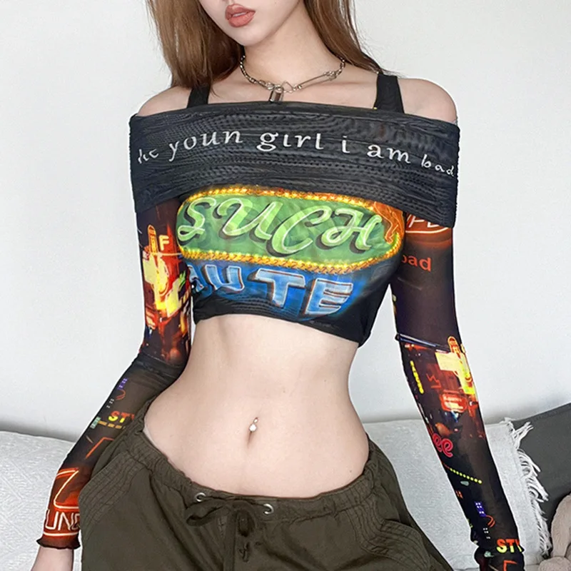 

Printed Contrast Color Sexy Off Shoulder Mesh Two Piece Tank Top Punk Style Long Sleeve T-shirt Ins Fashion Top