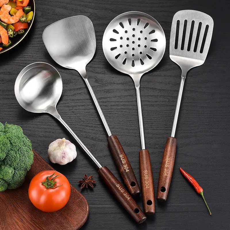 

Food Grade Stainless Steel 304 Kitchenware Utensils Set with Holden Wood Handle Multifunctional Cookware