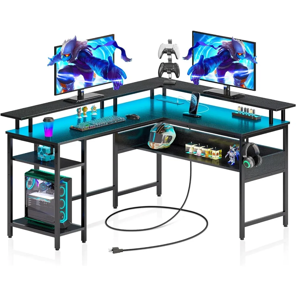 Computer Desk L Shaped 56.7" with LED Lights and Power Outlets, Reversible L Shaped Gaming Desk with Monitor Stand, Home Office