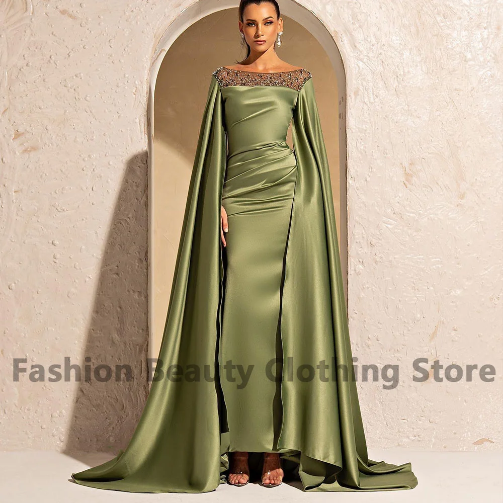 

Exquisite Satin فساتين الحفلات Scoop Neck Mermaid With Beading Draped Elegant Sweep Train Vestidos De Fiesta Elegantes Para Muje