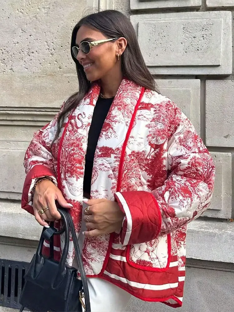 HH Print Short Jacket Women Long Sleeve Warm Pocket Cardigan Coat Autumn Winter New Fashion Y2K Female Street Outwears