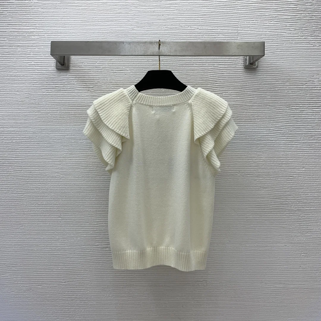 

White ruffles small fragrance short-sleeved sweater women's 2023 new trendy chic unique short knitted sweater trend