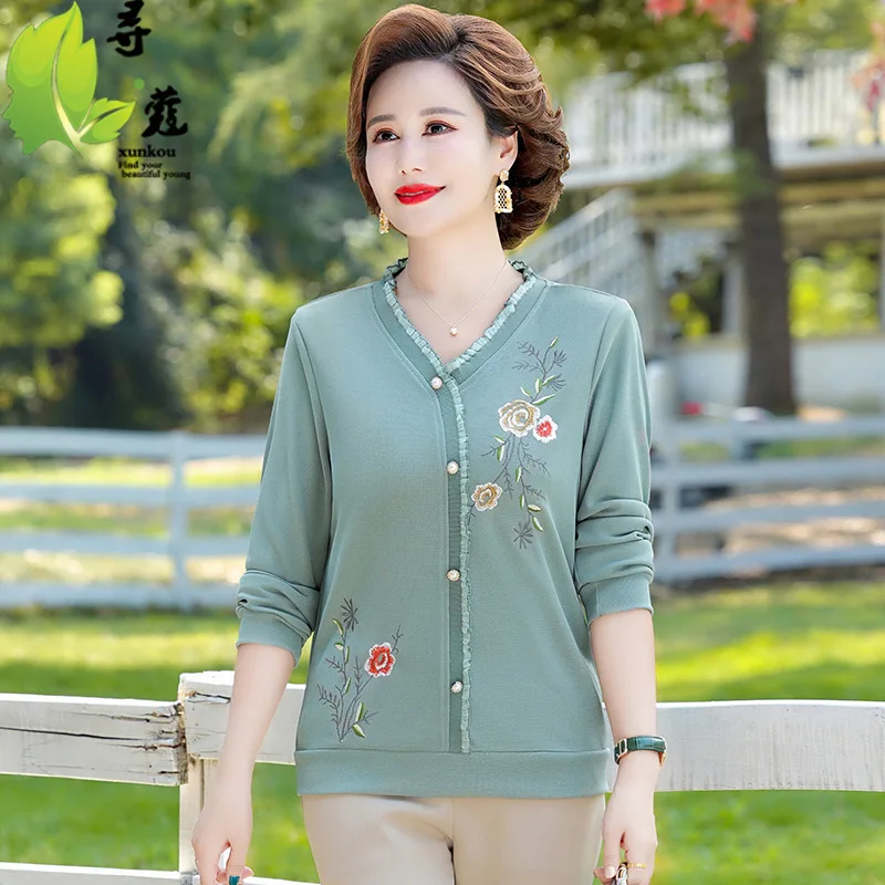 

Female V-neck Long Sleeved top Middle-Aged Women'S Elegant Embroid Shirt & Blouse