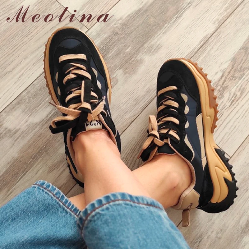 

Женские кроссовки из натуральной кожи Meotina, весенние туфли на толстом высоком каблуке, со шнуровкой, цвета хаки, черный, 40, 2022