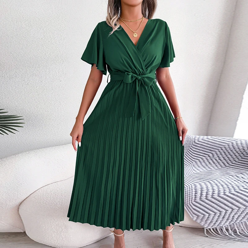 

Fashion Ladies V-neck Short Sleeved Commuting Dress Spring Summer Loose Lace Up Pleats Dress Casual Party Long Dresses Vestidos