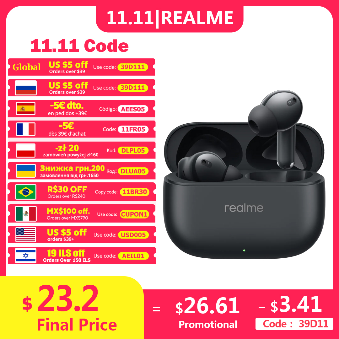 2024 New Realme Buds T310 Wireless Bluetooth Earphones 46dB Hybrid Noise Cancellation 40 Hours Battery Life For Realme 11 12 Pro
