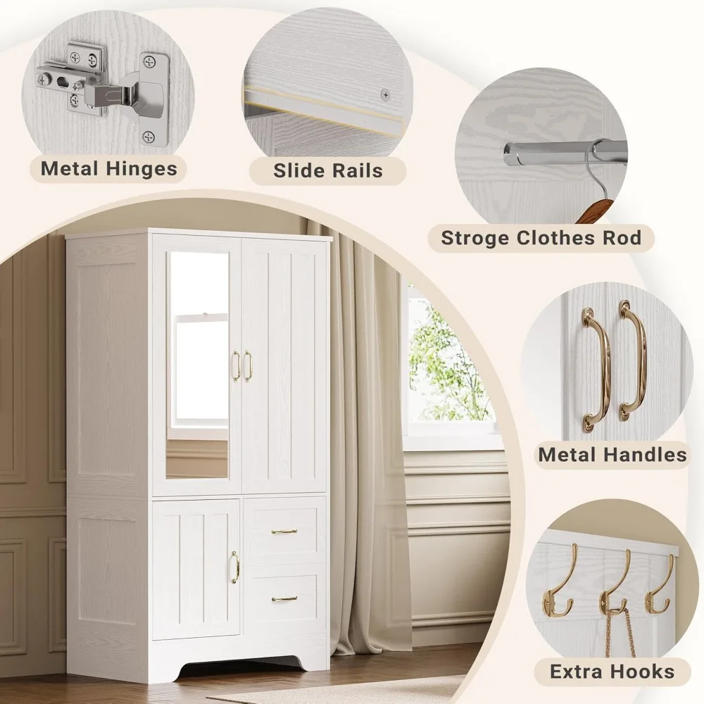 Wooden Storage Cabinet with Mirrored Doors, Drawers, and Shelves for Bedroom Organization