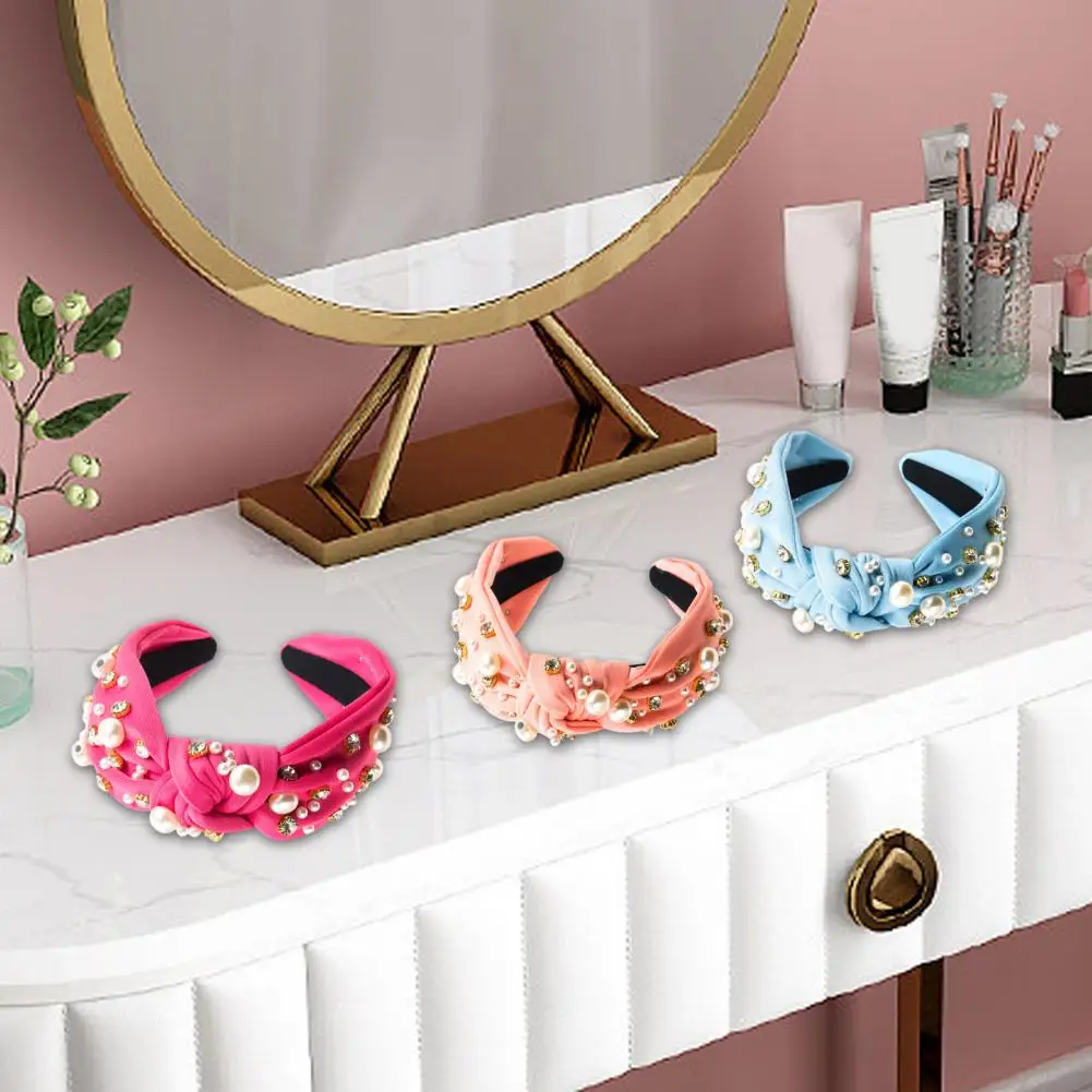 

Embroidered Headband Embellished Hair Hoop Embellished Headbands for Fashionable Brides Wide Hair Hoops with Faux Pearls