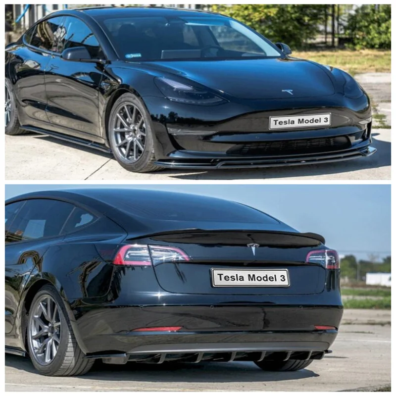 

For Tesla model3 2018-2022 High Quality ABS Bright Black Front Lip Splitters+ Rear Diffuser Spoiler Side Skirt Cover