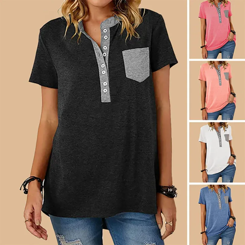 

Single Breasted Loose Casual Short Sleeve T-Shirt Women Summer V-Neck Tops Female Loose Pocket Comfortable Streetwear Tops