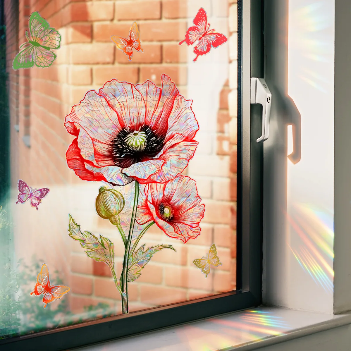 Primavera Estate Red Poppy Flower Window Clings Floral Butterfly Wall Decalcomanie Adesivi In Vetro Anticollisione Home Decor Murale Poster