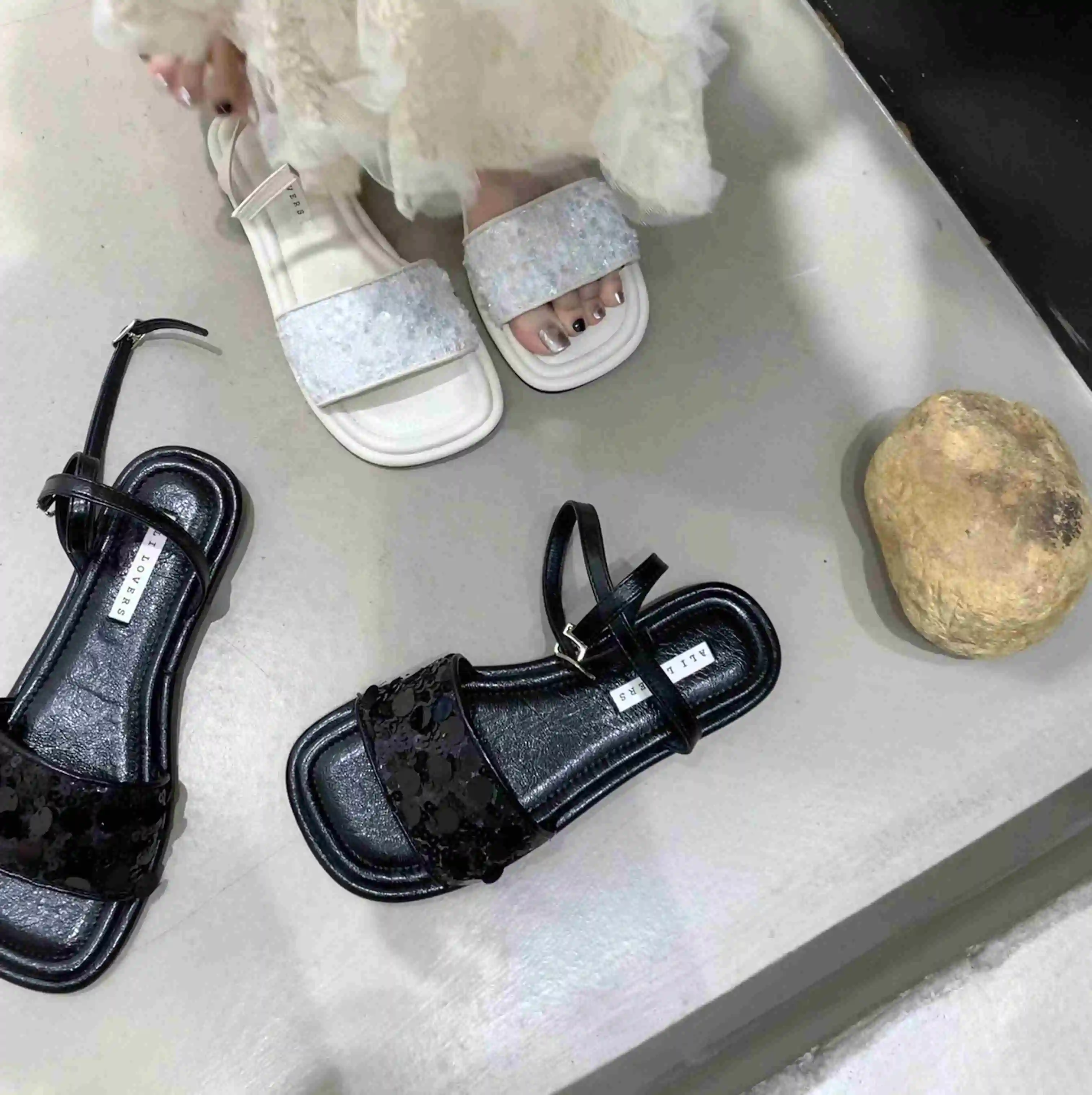 Women's Flat Slip On Sandal With Ankle Strap Crystal Rhinestone Comfort Summer Shoes