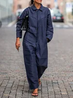 Gymdolphin Women's Navy Blue Coveralls Lapel Collar Long Sleeves Zippered Loose Jumpsuit 2025 Autumn Casual Streetwear Outfits - Image 5