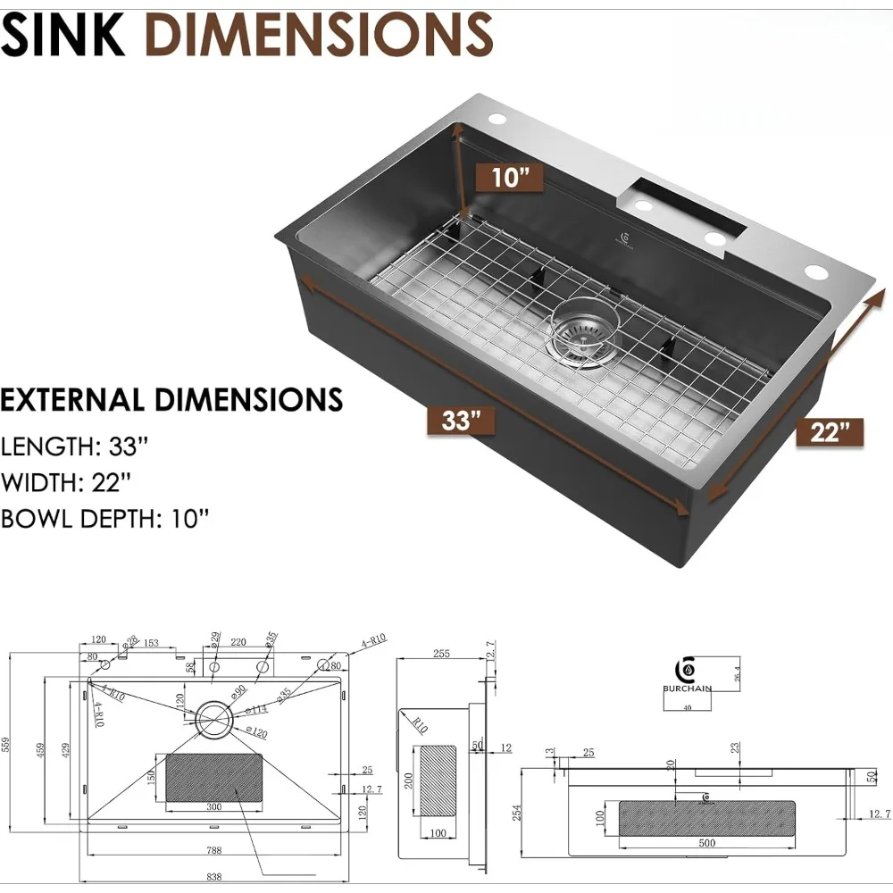 33in Waterfall Kitchen Sink with Faucet Single Bowl Drop in Sinks, 16 Gauge Stainless Steel, Kitchen Sink with 7 Accessory 5