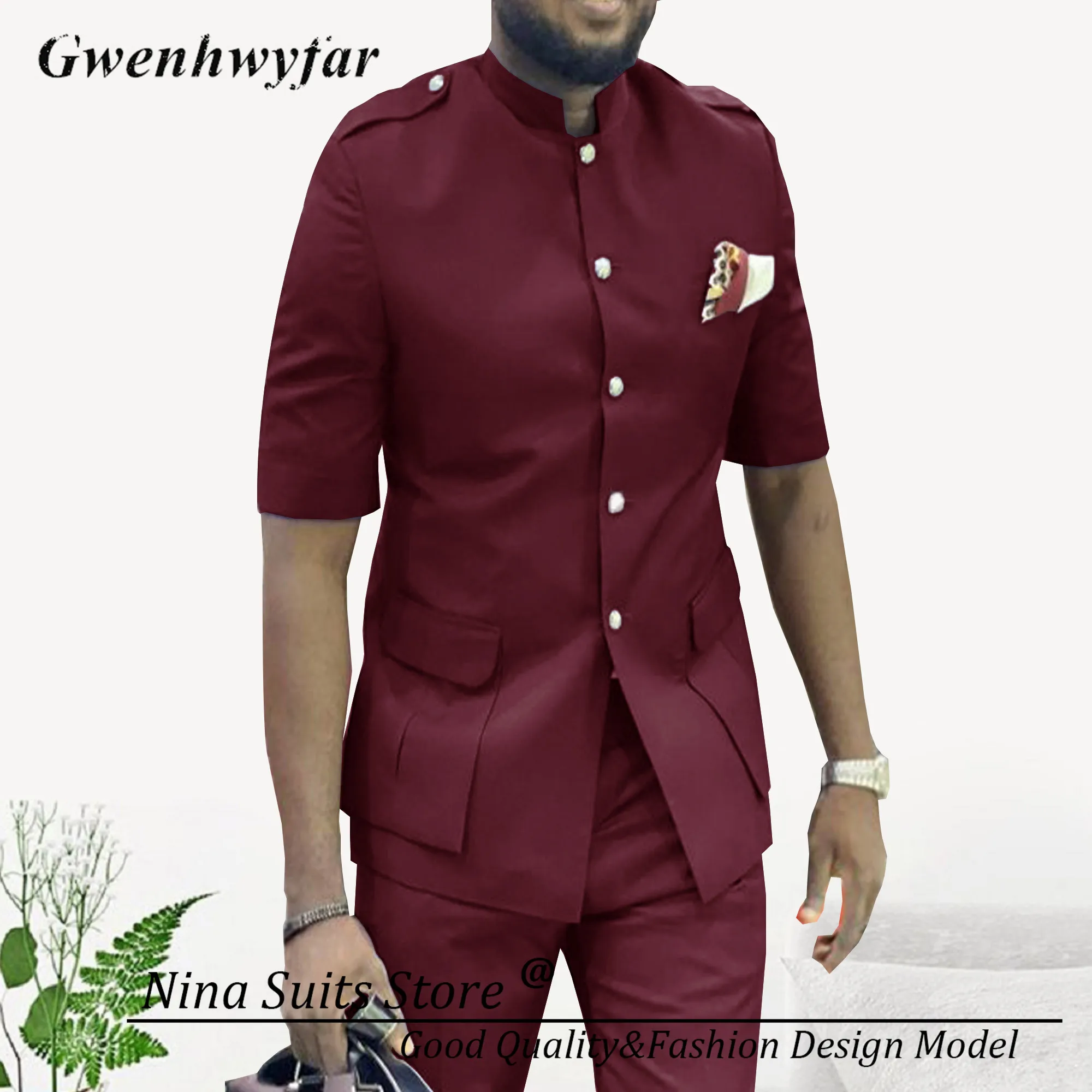 Nina Store African Style Men's Summer 2-piece Suit Formal Short Sleeved Gray Jacket and Pants Metal Silver Buttons on Blazer