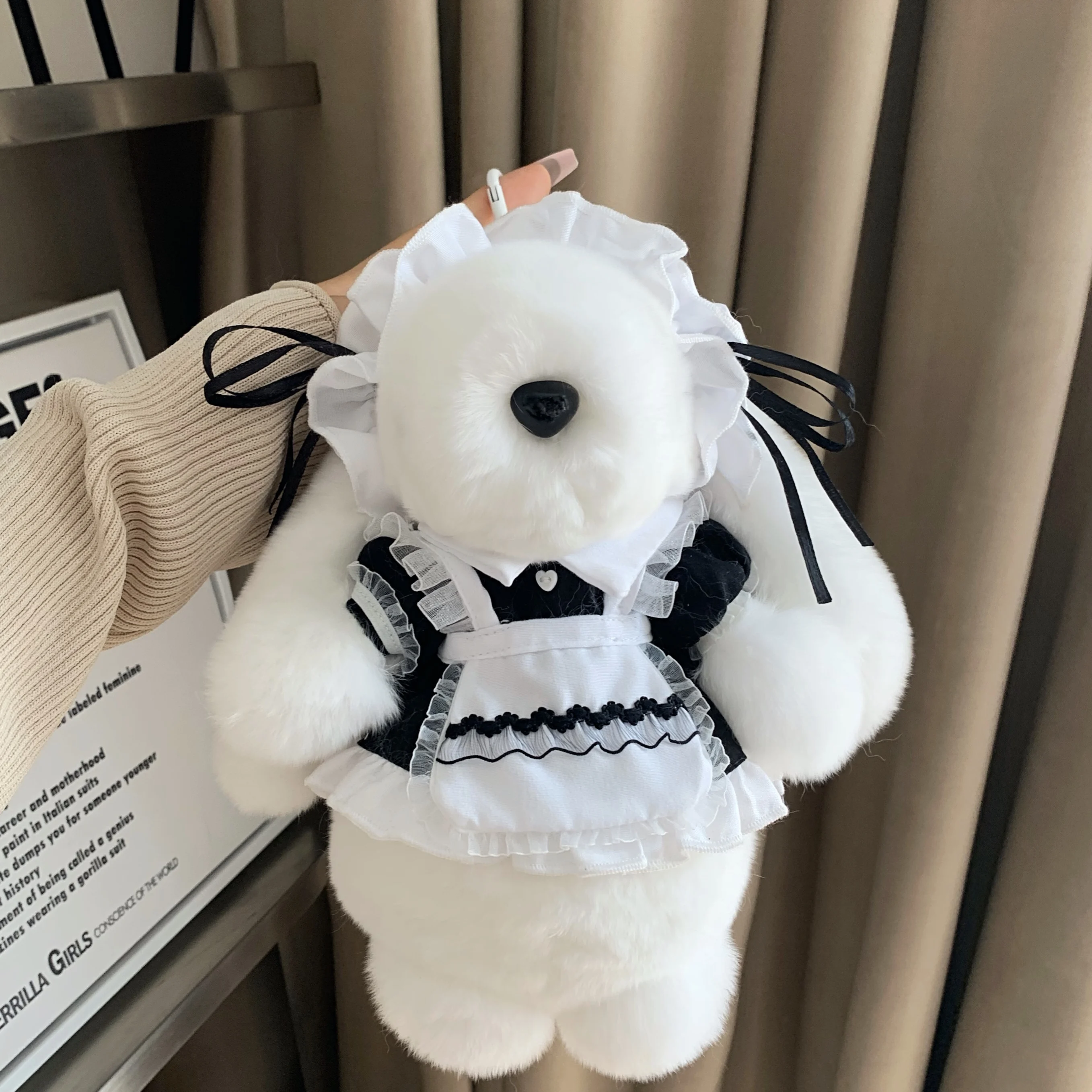 

Cute Real Rex Rabbit Fur Keychain French Maid Cosplay Costume Furry Key Ring Bag Charm Gift