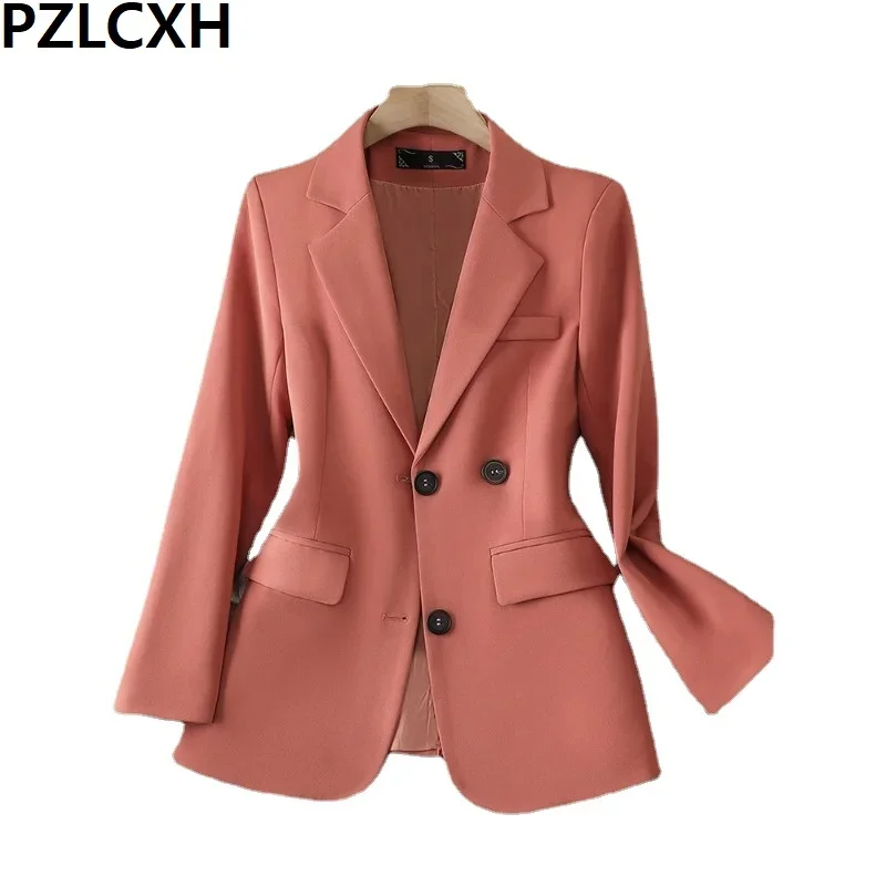 Pzlcxh Lapel Blazers for Women 2024 Fashion Spring Long Sleeve Coat Chic Office Ladies Vintage Single Breasted Women Blazer OL 2024 new spring korean version thin loose fashion plaid short skirt long sleeved small suit jacket female chic suits versatile